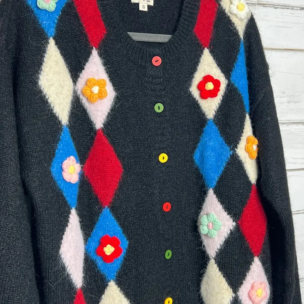 POL Argyle Diamond Floral Cardigan Black Knit Button Front Sweater Size Small